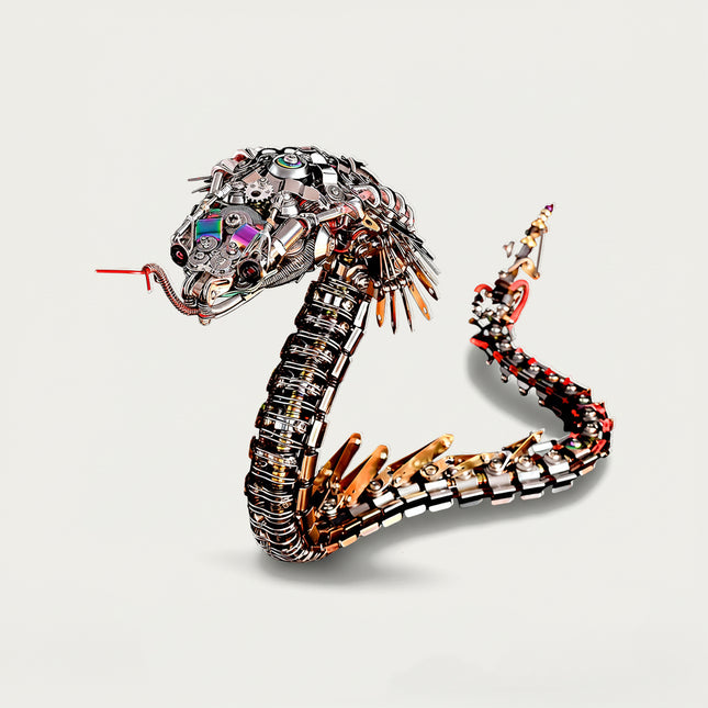 Articulated metal snake model kit, a striking mechanical puzzle featuring gears and metallic scales.