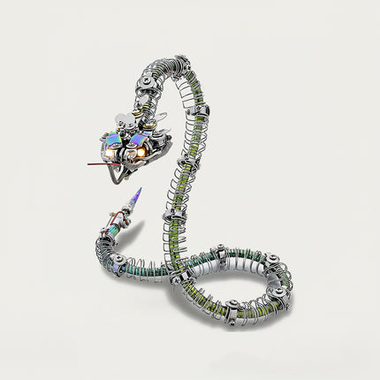 Articulated spring-coil metal snake model kit, a flexible mechanical puzzle with a distinctive head design.