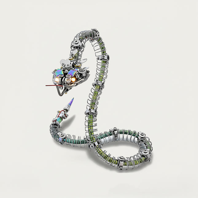Articulated spring-coil metal snake model kit, a flexible mechanical puzzle with a distinctive head design.