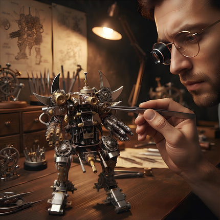 A maker using tweezers and a magnifying visor to precisely assemble a brass 3D metal mechanical mech model kit in a workshop.