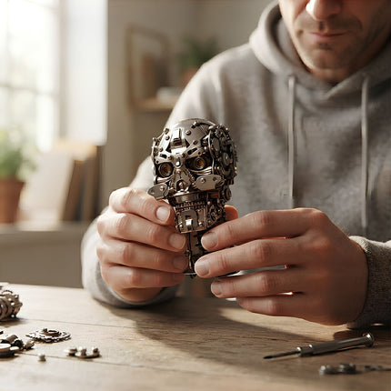 Close-up shot of a man's hands carefully holding and building a 3D metal mechanical skull model on a wooden workshop table.