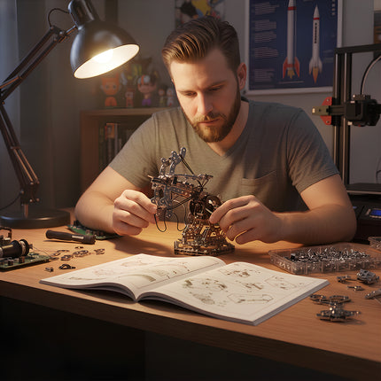 A man focused on assembling a 3D metal mechanical ballista model kit at his workbench using an instruction manual and desk lamp.