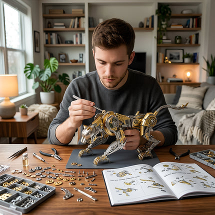 A focused man meticulously assembling a large steampunk leopard metal model, a complex 3D puzzle, using tools and referring to an instruction manual on a wooden table, surrounded by various metal components and parts from the metal kits.