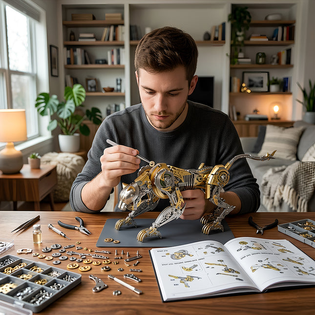 A focused man meticulously assembling a large steampunk leopard metal model, a complex 3D puzzle, using tools and referring to an instruction manual on a wooden table, surrounded by various metal components and parts from the metal kits.