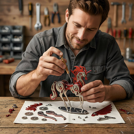 A focused man meticulously assembles a striking steampunk unicorn metal model, a beautiful 3D puzzle, using a small screwdriver on a wooden workbench, with various red and silver metal parts laid out for this intricate mechanical steampunk creation from metal kits.