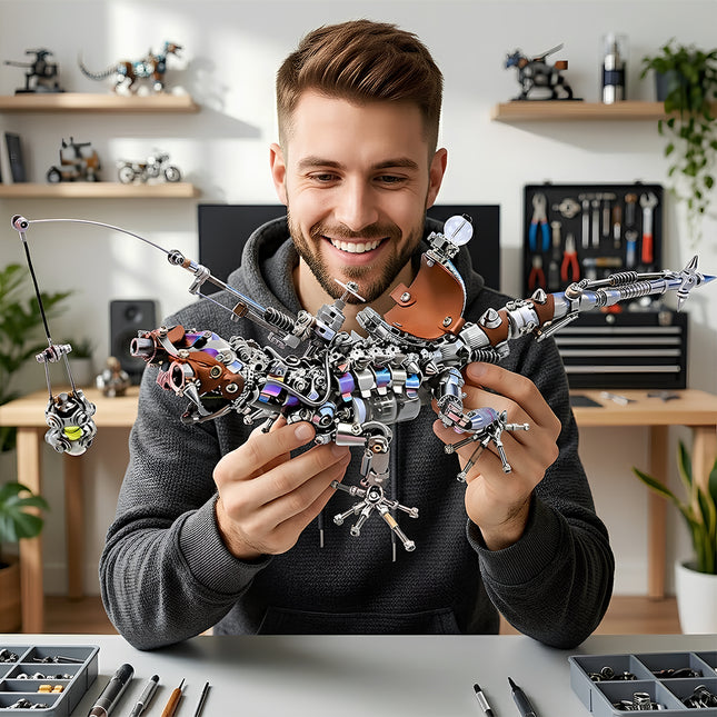 A smiling hobbyist holding his completed mechanical lizard metal model, a rewarding DIY 3D puzzle and collectible from Funny Table metal kits.