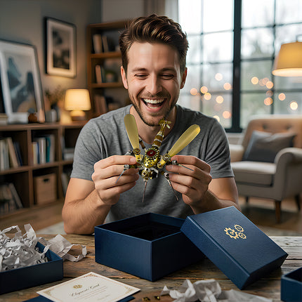 A joyfully laughing man holds up a beautifully crafted steampunk mosquito metal model, a unique 3D puzzle, having just unboxed it from a stylish blue gift box, expressing delight at receiving this intricate mechanical steampunk metal kit.