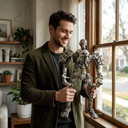 A happy man proudly displaying a completed large 3D metal mechanical skeleton robot model kit by a window.