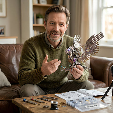  A happy hobbyist presenting his finished mechanical falcon metal model, a rewarding DIY 3D puzzle and collectible from Funny Table metal kits.