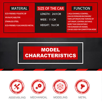 Product specification chart showing material details, dimensions of 24.9 by 11 by 9.6 cm, and function characteristics including 2.4G 6 channels control for a red pickup truck metal model, built from 3D puzzle Metal Kits as an awesome steampunk puzzle steam punk mech.