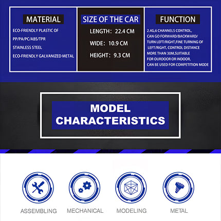 Product specification chart showing material details, dimensions of 22.4 by 10.9 by 9.3 cm, and function characteristics including 2.4G 6 channels control for a metal vehicle model, built from 3D puzzle Metal Kits as an awesome steampunk puzzle steam punk mech.