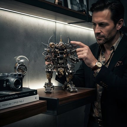 A stylish man admiring a brass 3D metal mechanical mech robot sculpture displayed on a shelf in a modern luxury study.