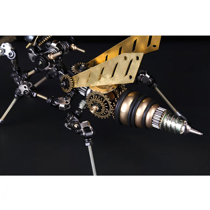 Handcrafted steam punk mech bee featuring brass gears and a drill-style sting, a premium mechanical steampunk art piece.
