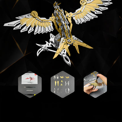 Professional metal model assembly kit, showcasing the building process and high-quality components of a 3D puzzle Metal Kits phoenix.