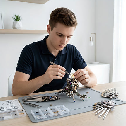  young man using tweezers to assemble an intricate mechanical bird metal model, showcasing the immersive DIY process of a Funny Table 3D puzzle from premium metal kits.