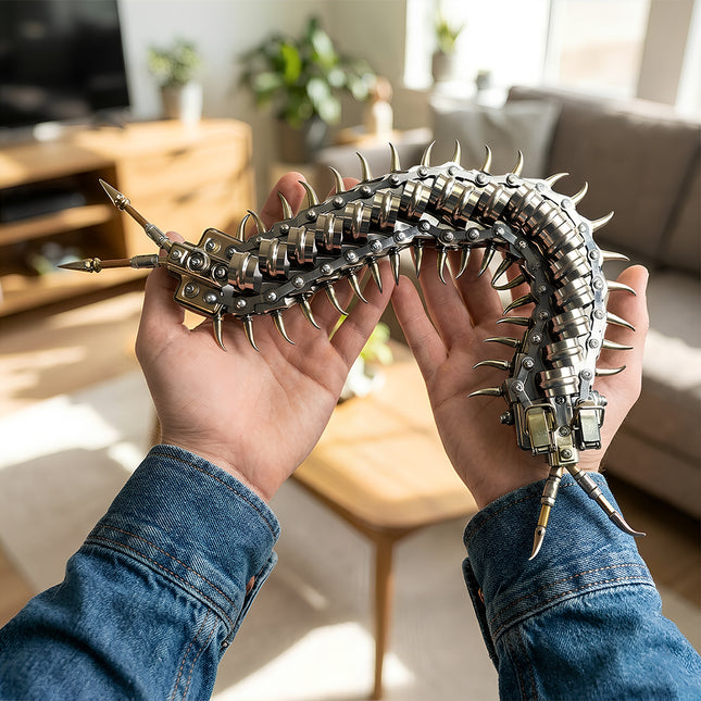  Large articulated mechanical centipede metal model held in hands, a high-quality DIY 3D puzzle from Tablefunny metal kits for funny table decor.
