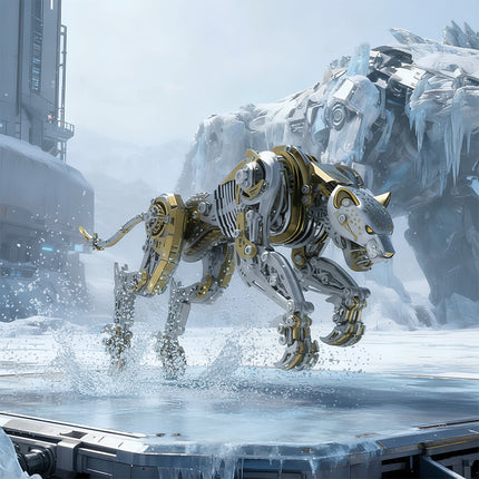  Cinematic action shot of a silver and gold mechanical cheetah metal model splashing through ice water, an advanced 3D puzzle and DIY metal kit project from Funny Table.