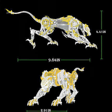  Dimensions of the mechanical cheetah metal model, a detailed 3D puzzle and DIY metal kit by Funny Table measuring 9.84 inches in length.