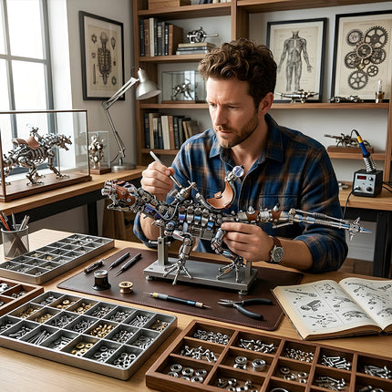 An adult hobbyist assembling a complex mechanical dinosaur metal model, part of the professional DIY metal kits series by Tablefunny, a perfect 3D puzzle for funny table aesthetic.