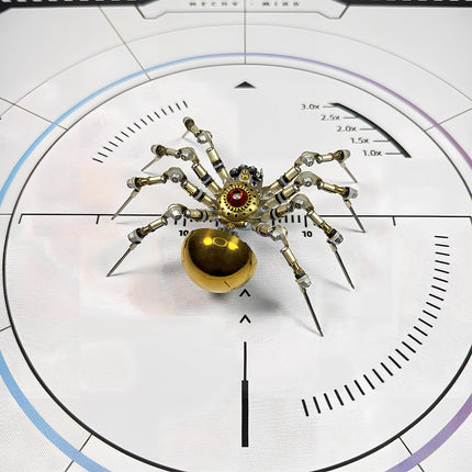 DIY 3D puzzle Metal Kits featuring a mechanical golden orb spider, a challenging and rewarding metal model project for hobbyists.
