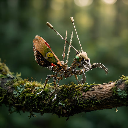 Completed steampunk puzzle mantis-style insect with water droplets, an exquisite mechanical steampunk art piece for nature-themed decor.