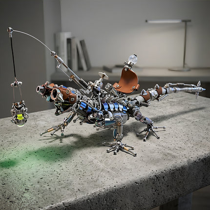 An intricate mechanical lizard metal model featuring a glowing green lure, a creative 3D puzzle and DIY project from Funny Table metal kits.