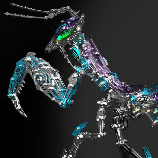 Close-up side view of the hydraulic claws and gear head structure of a **mechanical metal puzzle** mantis.