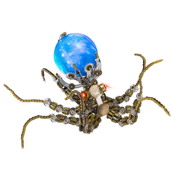 "Isolated white background shot of a mechanical octopus **metal model kit** featuring a glowing blue planet lamp and red eyes.