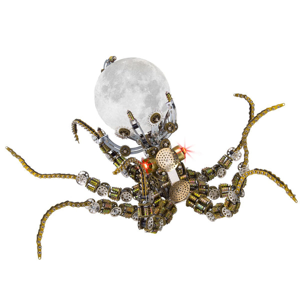 Functional desk decor **metal model kit** featuring a mechanical octopus with a moon night light and red eyes.