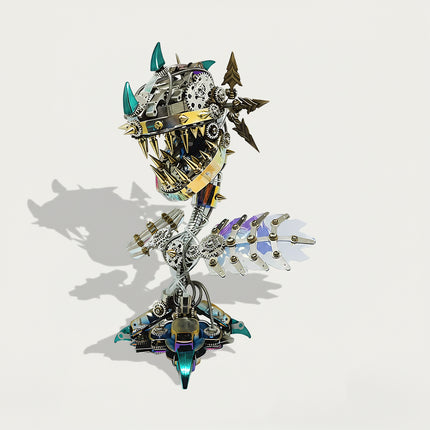 Completed 3D puzzle Metal Kits project featuring a giant mechanical monster plant, an exquisite metal model for high-end workspace decor.