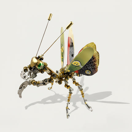 Unique steam punk mech predatory insect with brass and silver components, collectible metal model from tablefunny.