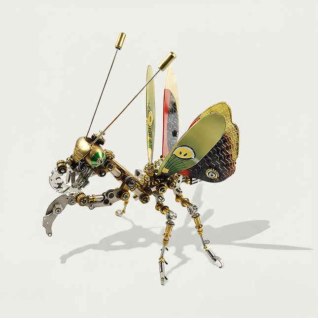 Unique steam punk mech predatory insect with brass and silver components, collectible metal model from tablefunny.