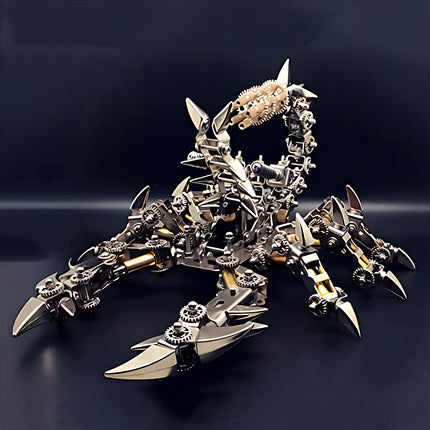 Front-left perspective view of mechanical steampunk scorpion model with a minifigure pilot, 3D puzzle metal kits by TableFunny.