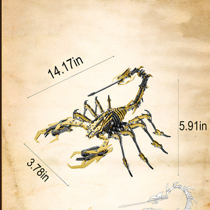 Technical dimensions of the steam punk mech scorpion warrior, showing the 14.17in length of this metal model masterpiece.