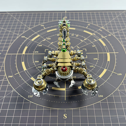 Face-to-face perspective of a steampunk puzzle scorpion, a finished 3D puzzle Metal Kit showing intricate gear details.
