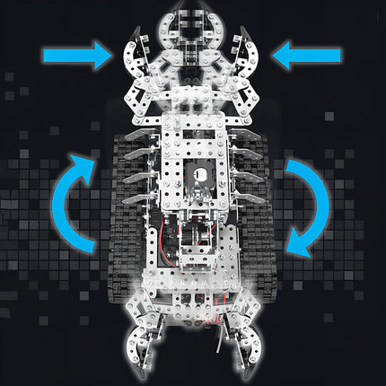A mechanical scorpion metal model showing movement arrows for tracks and claws, built from 3D puzzle Metal Kits as an awesome steampunk puzzle steam punk mech.