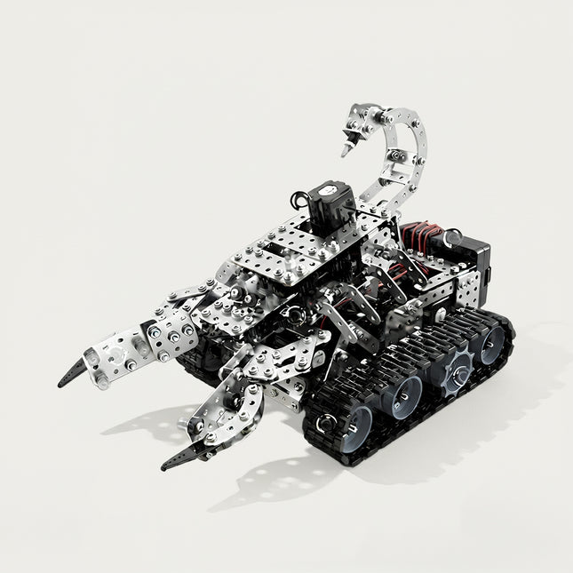 A tracked mechanical scorpion metal model with claws and a sting tail, built from 3D puzzle Metal Kits as an awesome steampunk puzzle steam punk mech.