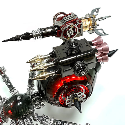 Heavy weapon modules and glowing red abdomen on a mechanical spider 3D puzzle metal kit.