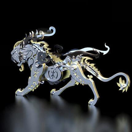 A black, gold, and silver mechanical steam punk mech Bi'an metal model on a reflective black background, perfect for desk decor, from tablefunny.com.