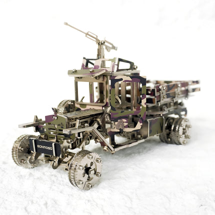 Detailed camouflage armed vehicle metal model with sturdy wheels and gears, ideal for desk collection.