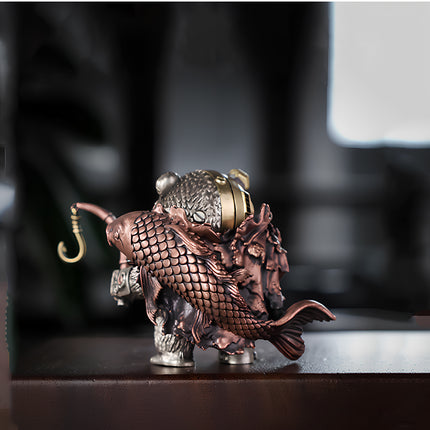 Detailed rear view of the mechanical steampunk bear warrior, showcasing the intricate fish-scale cloak and premium metal model textures.
