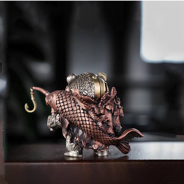 Detailed rear view of the mechanical steampunk bear warrior, showcasing the intricate fish-scale cloak and premium metal model textures.
