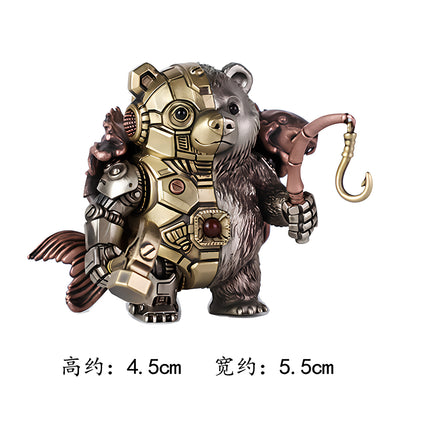 Dimension chart of the mechanical steampunk bear warrior metal model, measuring 4.5cm tall and 5.5cm wide with hammer and fishhook tools.