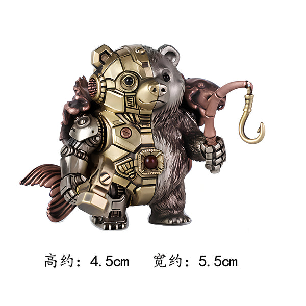Dimension chart of the mechanical steampunk bear warrior metal model, measuring 4.5cm tall and 5.5cm wide with hammer and fishhook tools.
