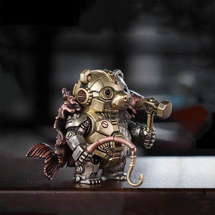 A mechanical steampunk bear warrior holding a hammer and fishhook, featuring a unique fish-tail cloak, a high-end metal model for collectors.