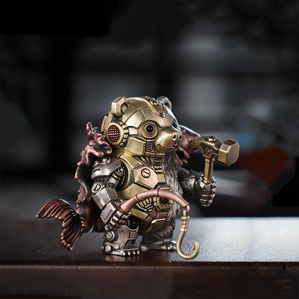 A mechanical steampunk bear warrior holding a hammer and fishhook, featuring a unique fish-tail cloak, a high-end metal model for collectors.