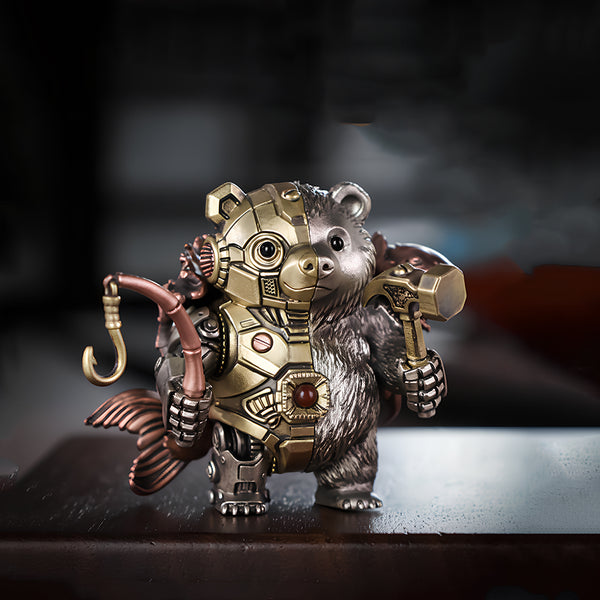Front view of a mechanical steampunk bear warrior metal model, featuring a unique artisan-hunter design with a hammer and fishhook.