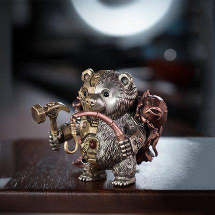Side view of a mechanical steampunk bear warrior holding a hammer and fishhook, an exquisite metal model with a detailed fish-motif cloak.