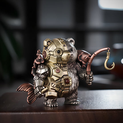 A mechanical steampunk bear warrior metal model featuring a hammer, fishhook, and fish-tail cloak, a unique collector's piece.