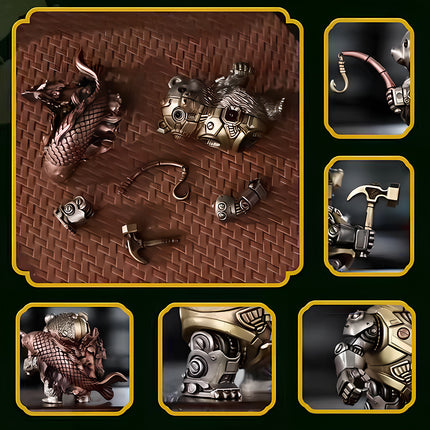 Exploded view and detail shots of a magnetic mechanical steampunk bear warrior metal model, showcasing modular parts of our 3D puzzle Metal Kits.